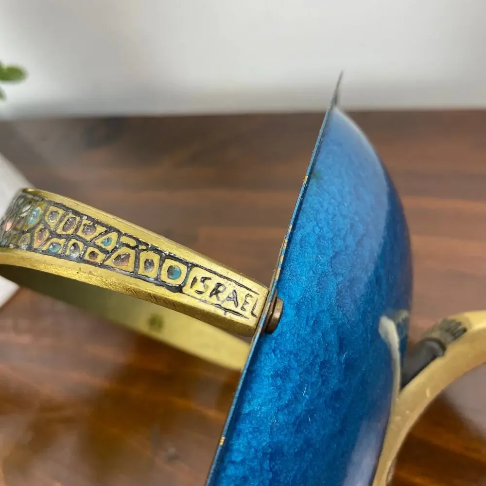 Vintage MCM Judaica Brass Blue Enamel Pedestal Bowl Handmade In Israel Decor